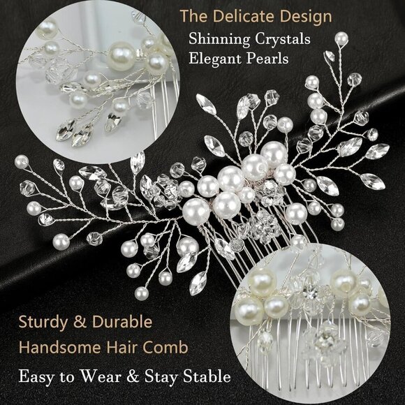 ?Women Silver Hair Comb and 4 Pins Bridal Pearl Crystal Wedding Hair Comb main image 6